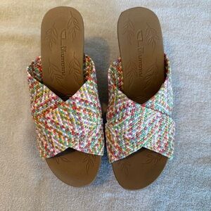 New! Women's Multicolor Woven Sandals, cork wedges, woman’s size 7
